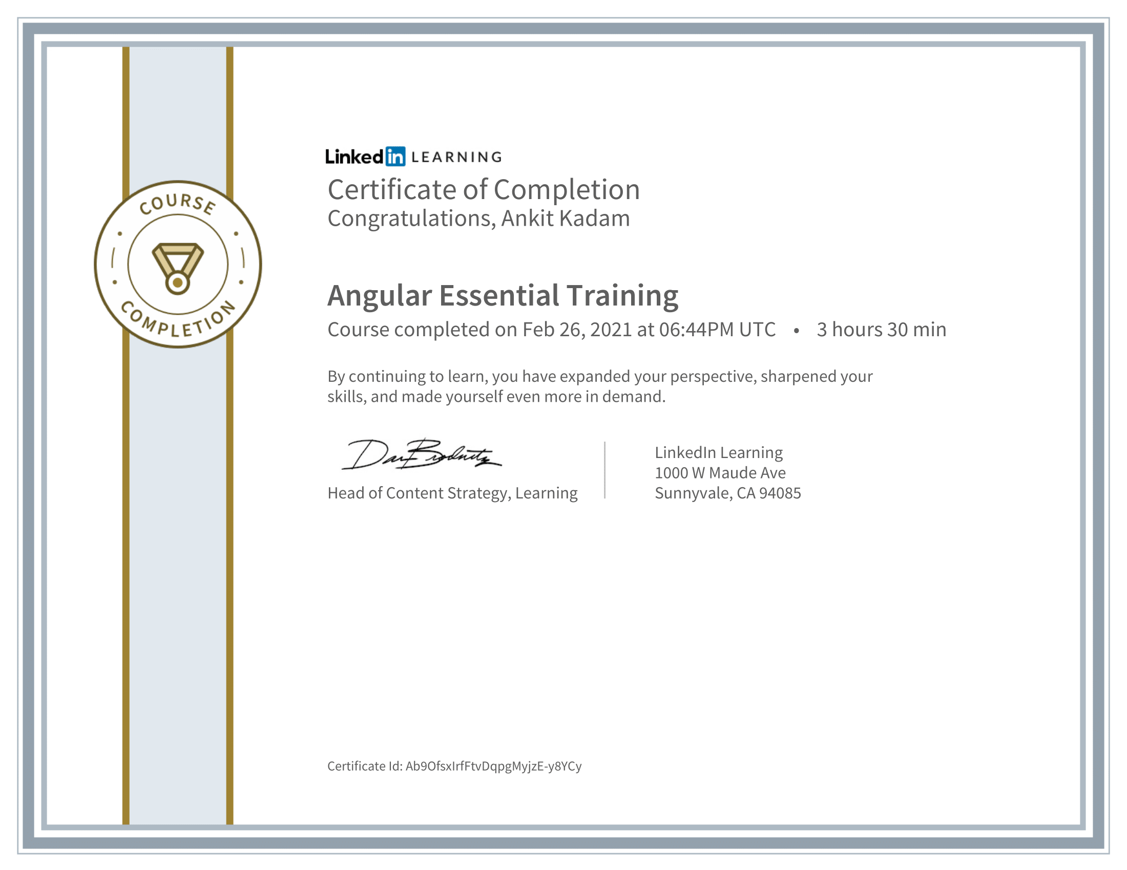 Angular Essential Training Certificate